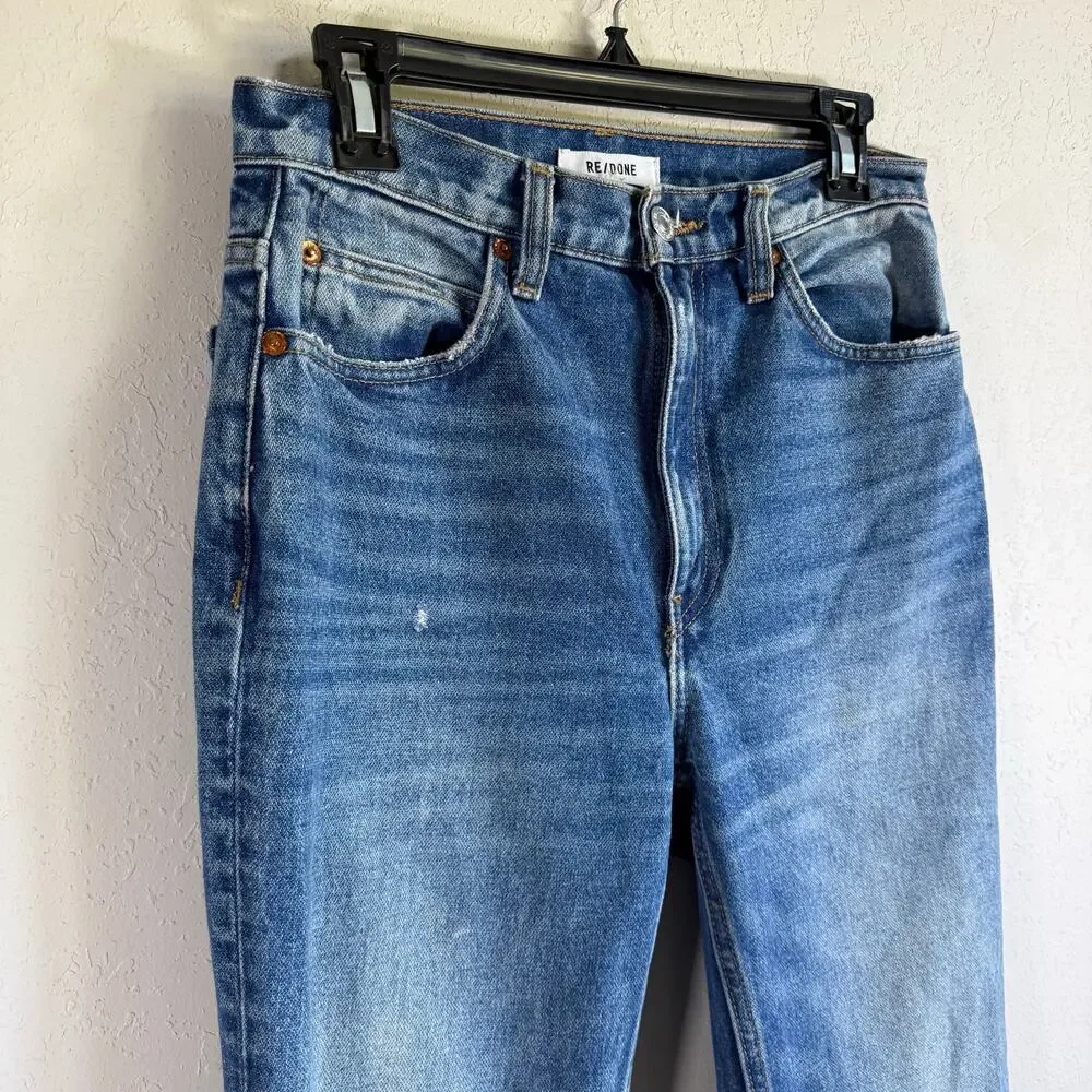Re/Done High Rise Straight Leg Jeans Womens 25 Mid Wash Blue Denim Distress Knee